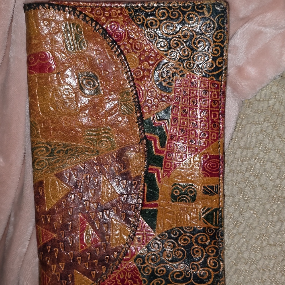 Vintage Tooled Leather Patchwork Envelope Clutch … - image 1